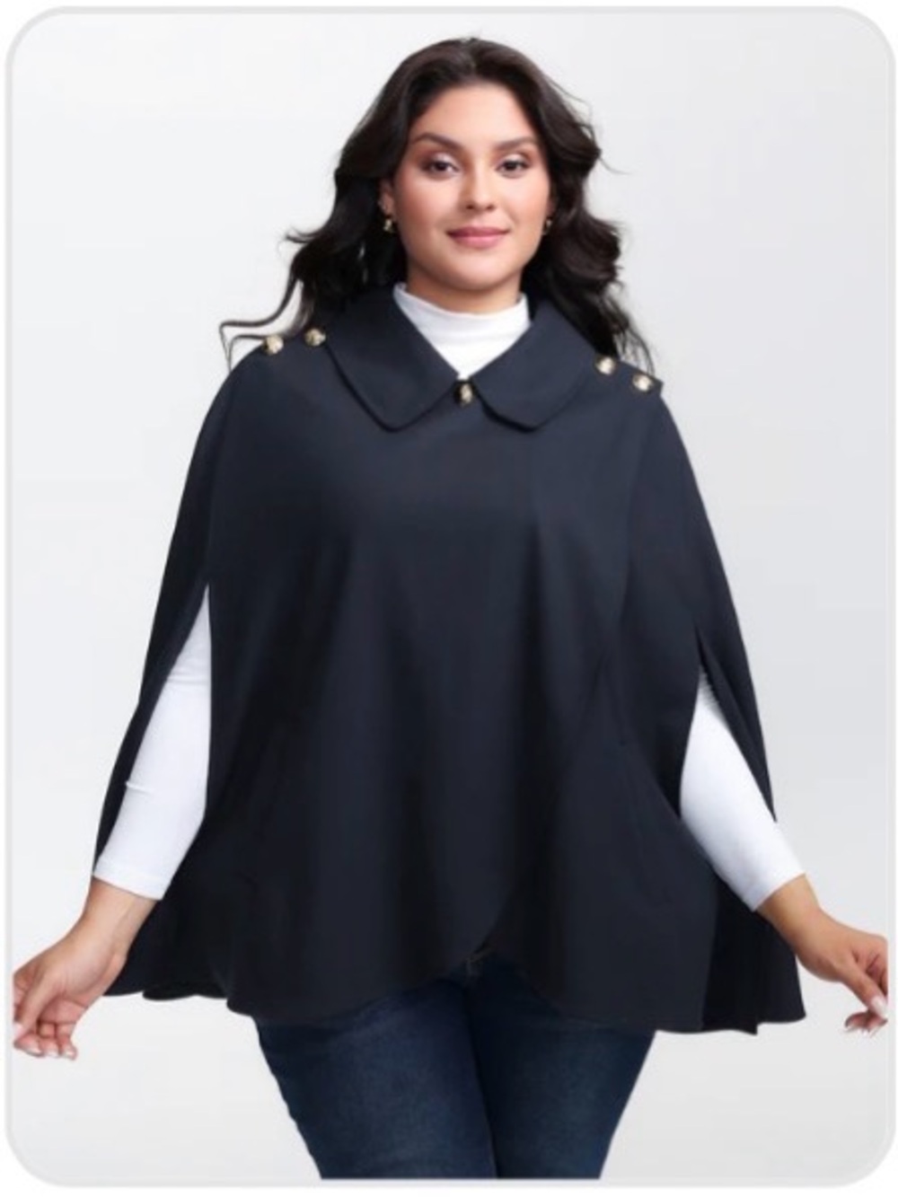 BloomChic Navy Cape Wrap coat with Gold Button Accents